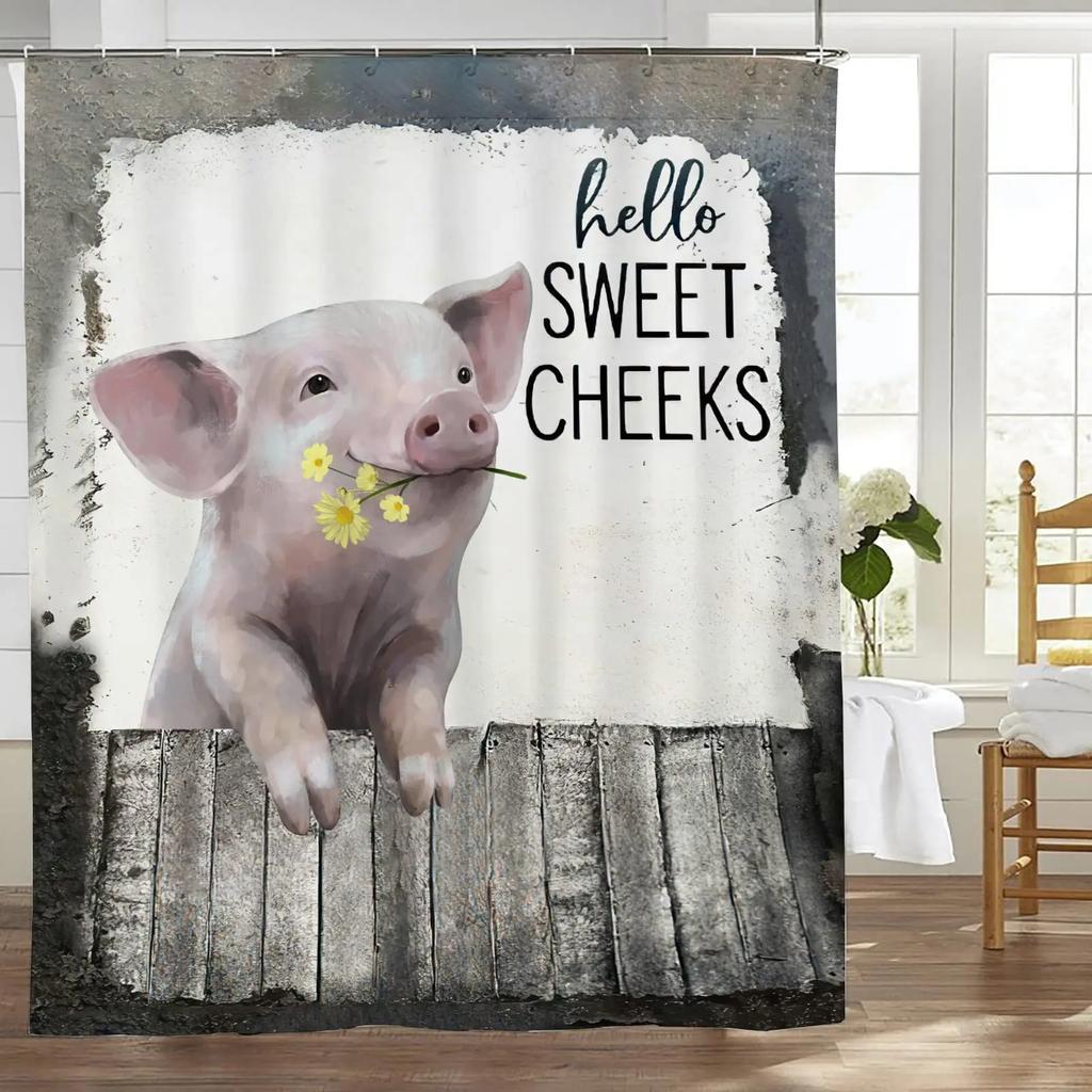 Pink Pig Shower Curtain, Lovely Animal Piggy Bath Curtain Western Animals Bathroom Decor Romantic Rose Flowers Bathroom Curtain