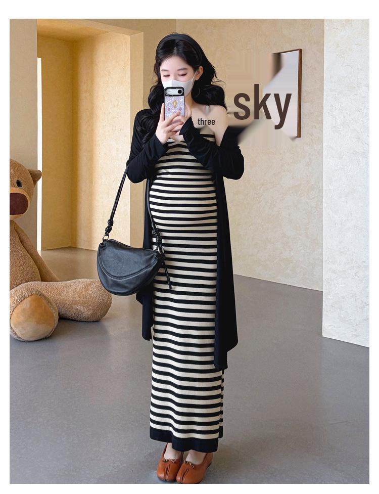 2026 Maternity Summer A-Line Dress: French Striped Spaghetti Strap, Slimming Age-Reducing Style