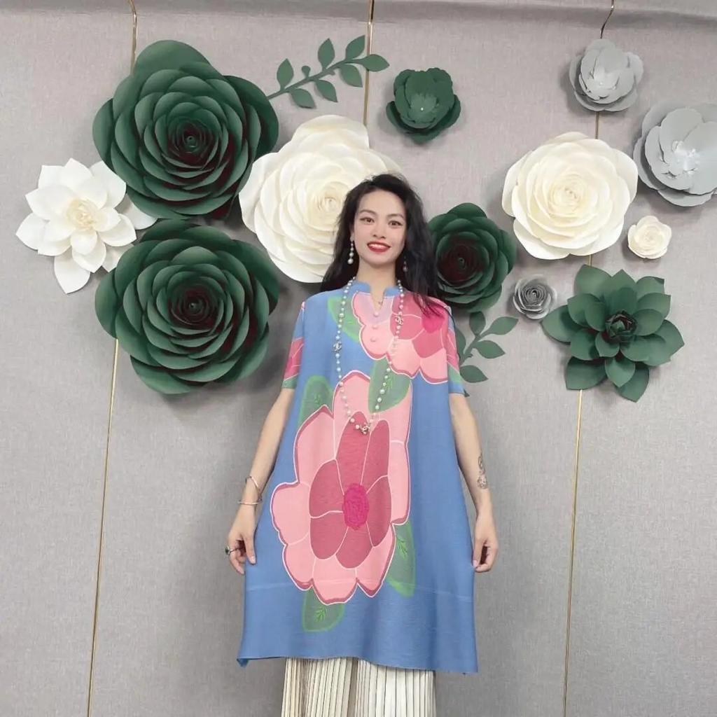 Printed Dress, Loose Standing Neck, Short Sleeved, Stylish and Pleated, New Summer Mid Length Skirt