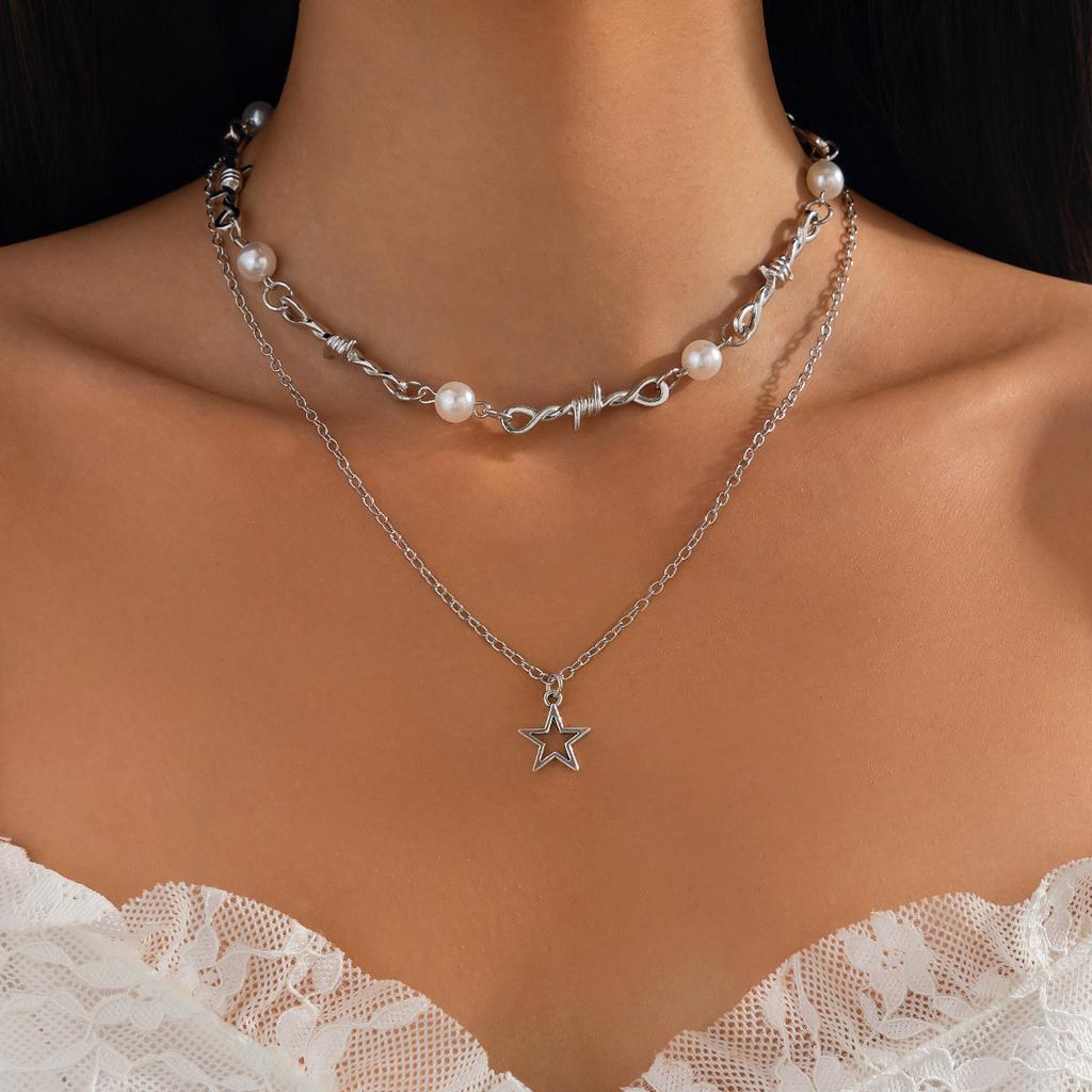 Sött och coolt kärlekspentagramhänge, fransad halsband, pastorala imitationspärlor gotiska smycken för kvinnor