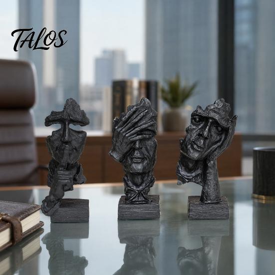 Talos 3Pcs Abstract Silent Figure Sculpture Set, Minimalist Art Desk Decor with Finger-to-Lips, Cover-Eyes & Chin-Rest Poses, Resin Statues for Living