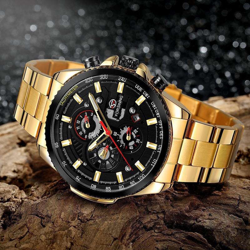 Forsining Drei Zifferblatt Kalender Edelstahl Männer Mechanische Automatische Armbanduhren Top Luxus Military Sport Männliche Uhr