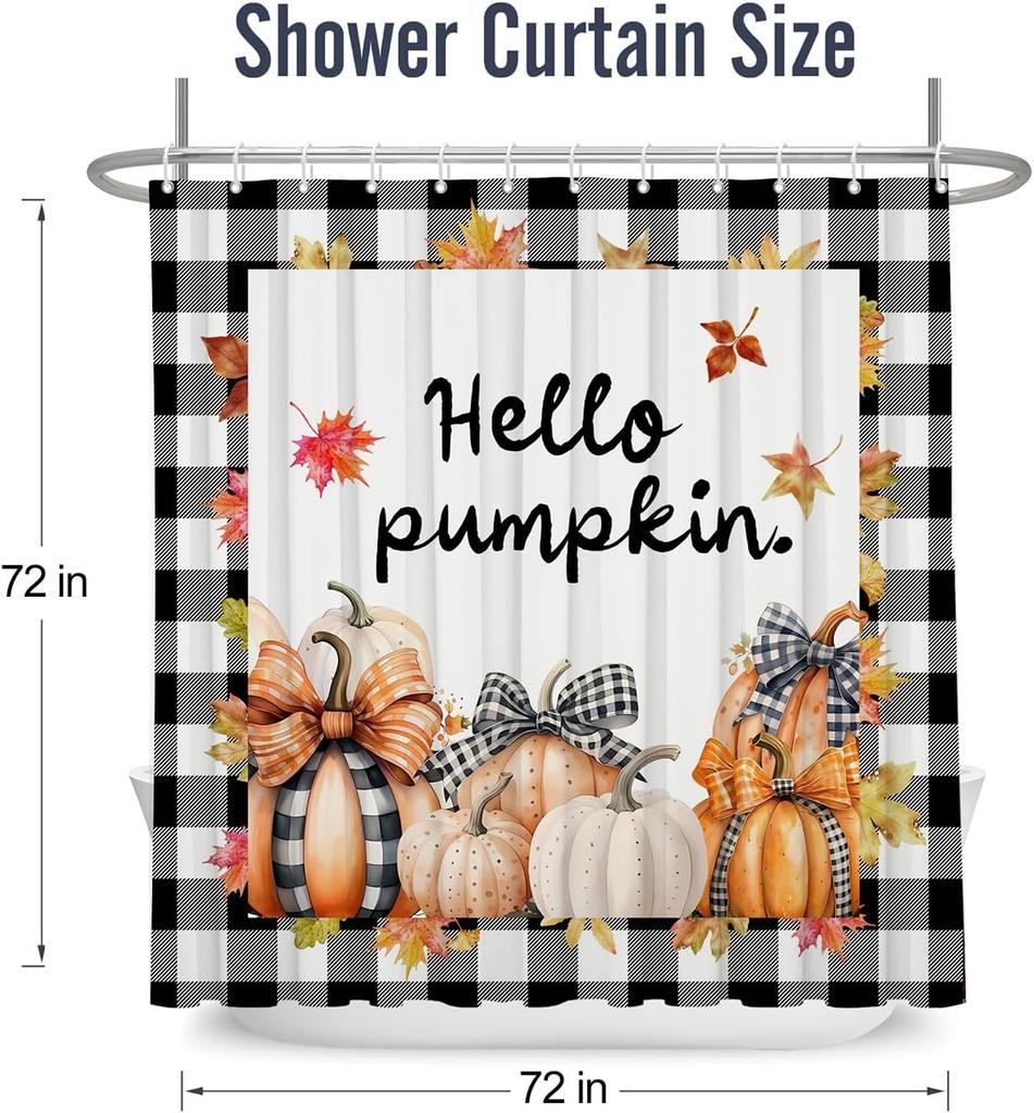 Fall Pumpkin Shower Curtain Buffalo Pumpkins Polka Dot Pumpkin Maple Leaf Autumn Harvesting,Black White Check Fabric BathCurtain