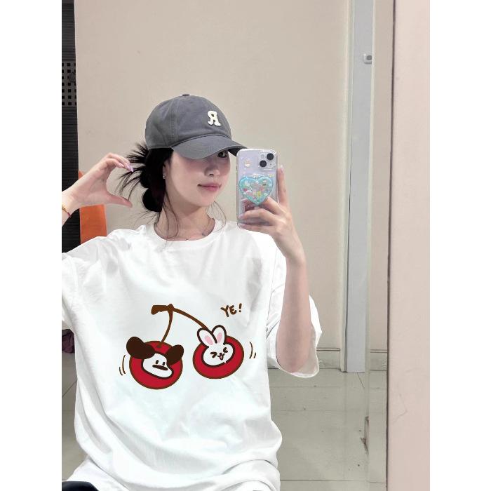 

Cartoon printed cotton short-sleeved t-shirt women s summer new American casual ns loose and versatile white top S