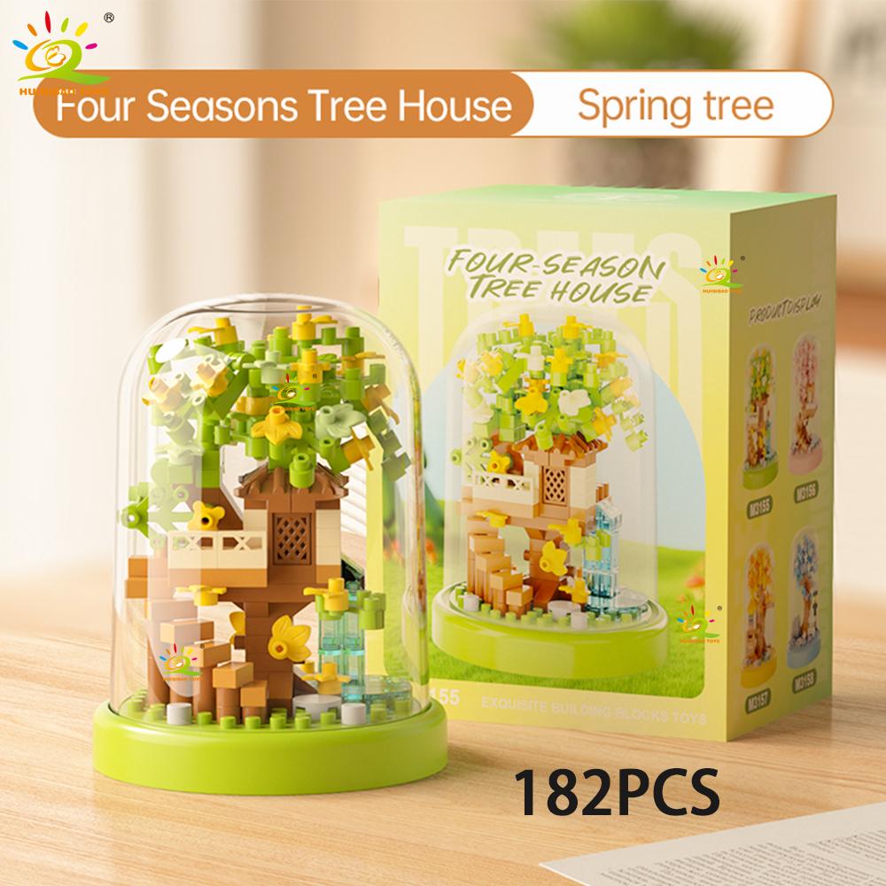 HUIQIBAO MOC Four Season Mini Tree House with Display Box Model Micro Building Block Diamond Brick Toy for Children Desk Decor.