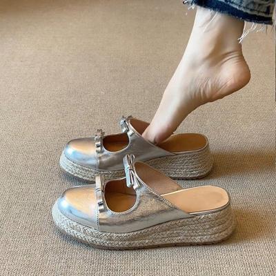 Französischer Stroh dicksölig Tasche Kopfschleife coole Slipper Damen Sommer 2025 neu vielseitiger Rock Halbslipper