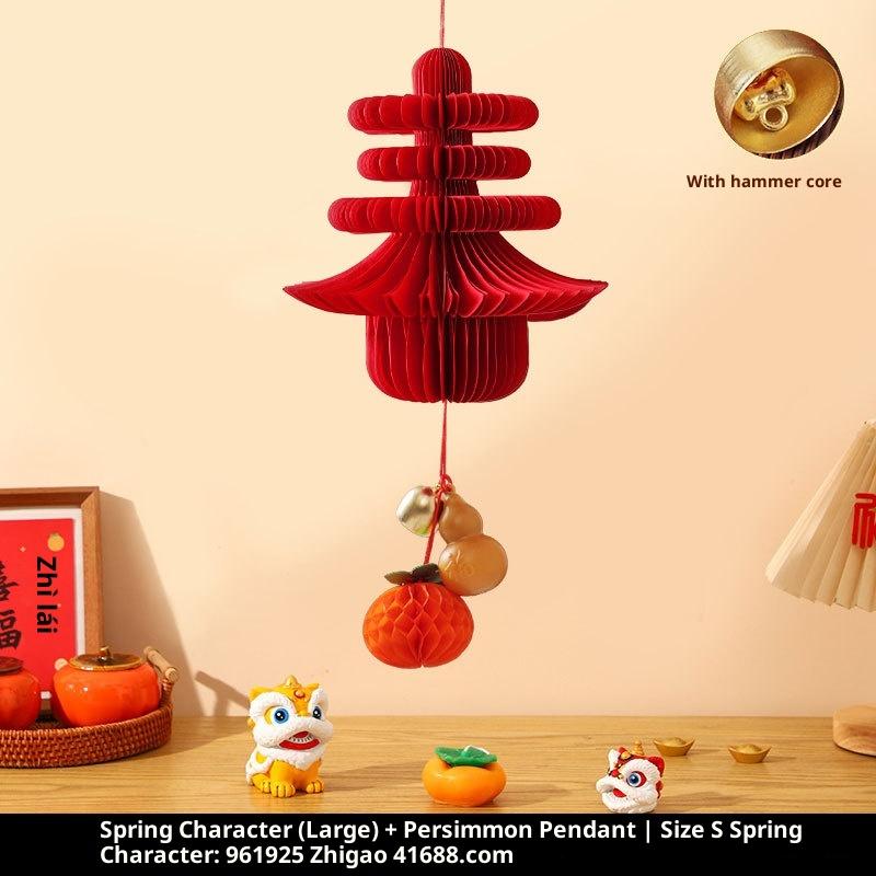 Red Paper Lanterns Xmas Navidad Ornament 2026 Christmas Tree Pendant 3D Honeycomb Hanging Decor