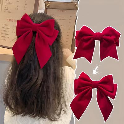 Red Large Velvet Hair Ribbons Hair Bows Barrettes Clip with Long-Tail for Women Girls New Year Party Hair Styling Accessories
