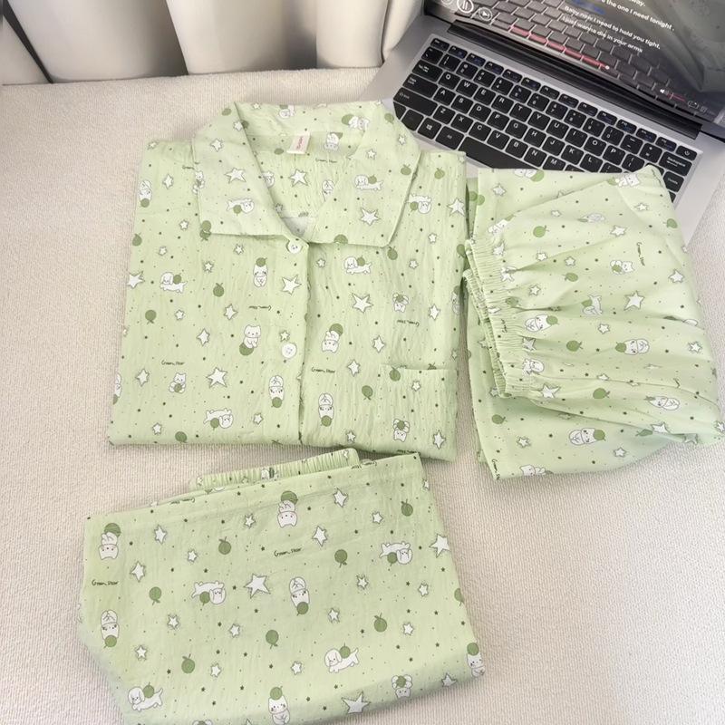 Blue Bear Women's Summer Cotton Pajama Set - Short-Sleeved, Cute Cartoon Design, Three-Piece Loungewear.