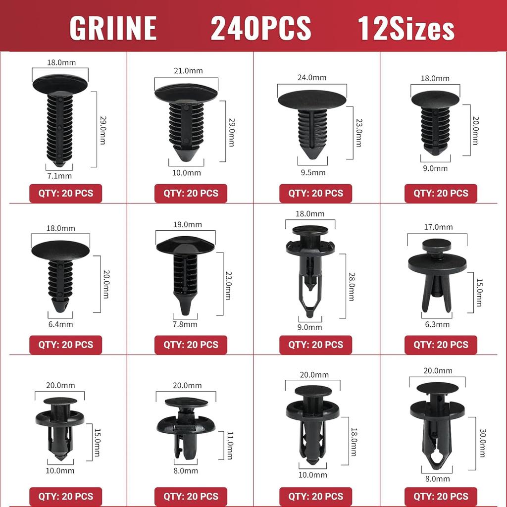 240 Pcs Car Bumper Retainer Clips Plastic Rivets Fasteners Push Retainer Kit - 12 Most Popular Sizes Auto Push Pin Rivets Set -Door Trim Panel Fender