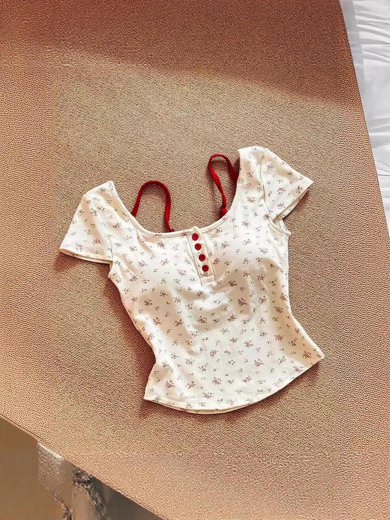 Women's Spicy Girl Two-Piece Floral Camisole T-Shirt with Bra Pads - Slimming Summer Short-Sleeve Top