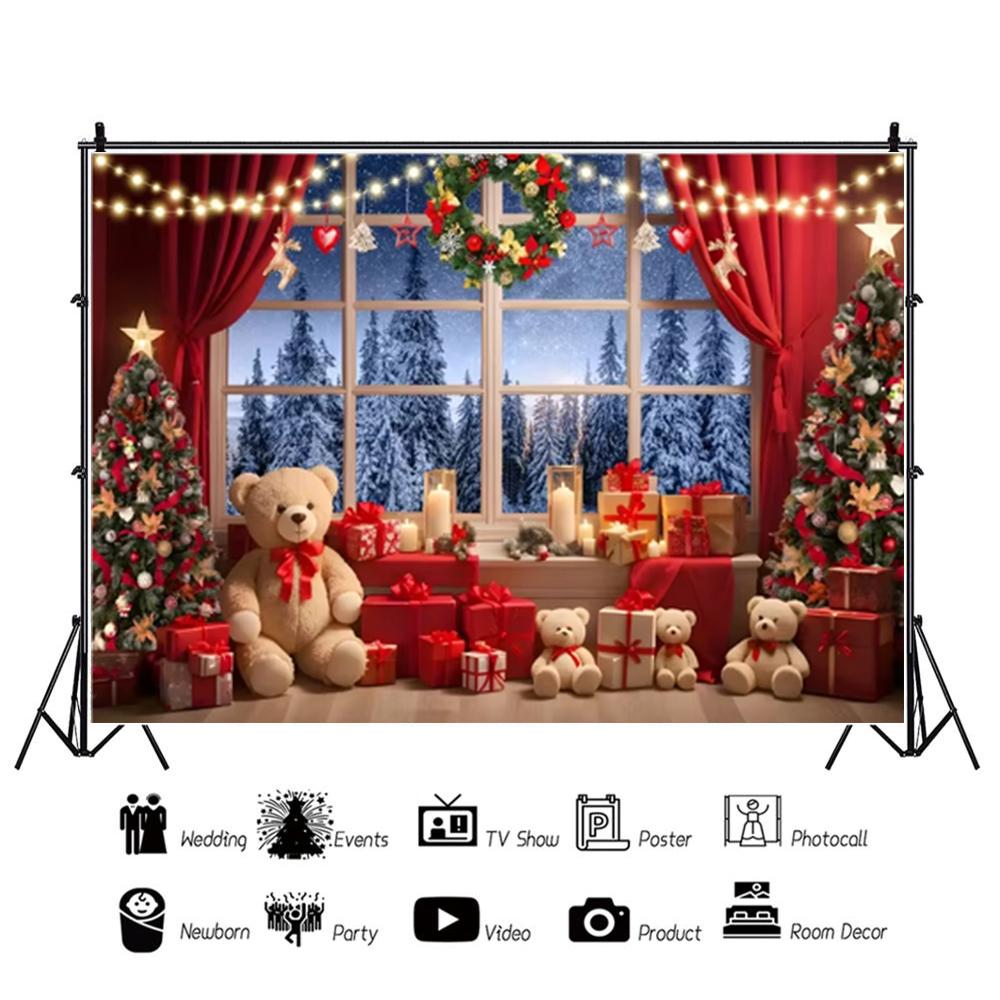 Christmas Teddy Bear Background Xmas Tree Toy Bear for Winter Window Room Outdoor Decoration Banner Kids Portrait Photo Props