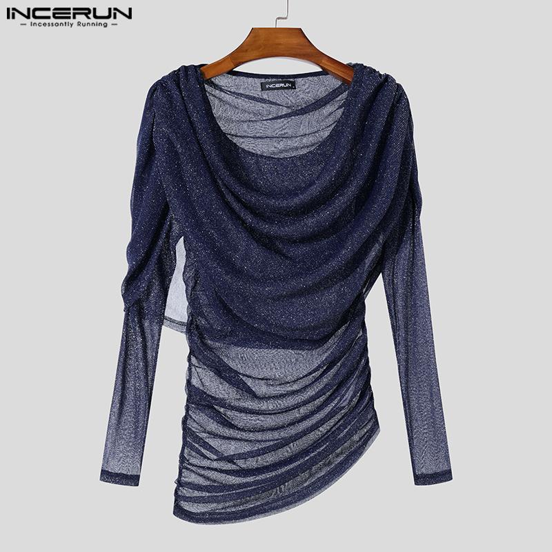 INCERUN Herren Swing Kragen Langarm Rüschen Schichten Glitter Mesh Party Clubwear Tops T-shirts