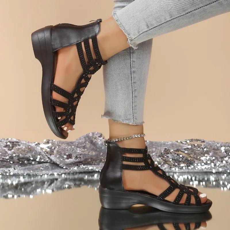 2025 Summer Casual Women's Peep Toe Sandals Outdoor Crystal Back Zip Sandals for Plus Size Ankle-wrap Comfortable Daily Shoes