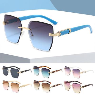 Oversized Rimless Sunglasses for Women Trendy Geometric Diamond Cutting Gradient Lens UV Protection Fashion Shades