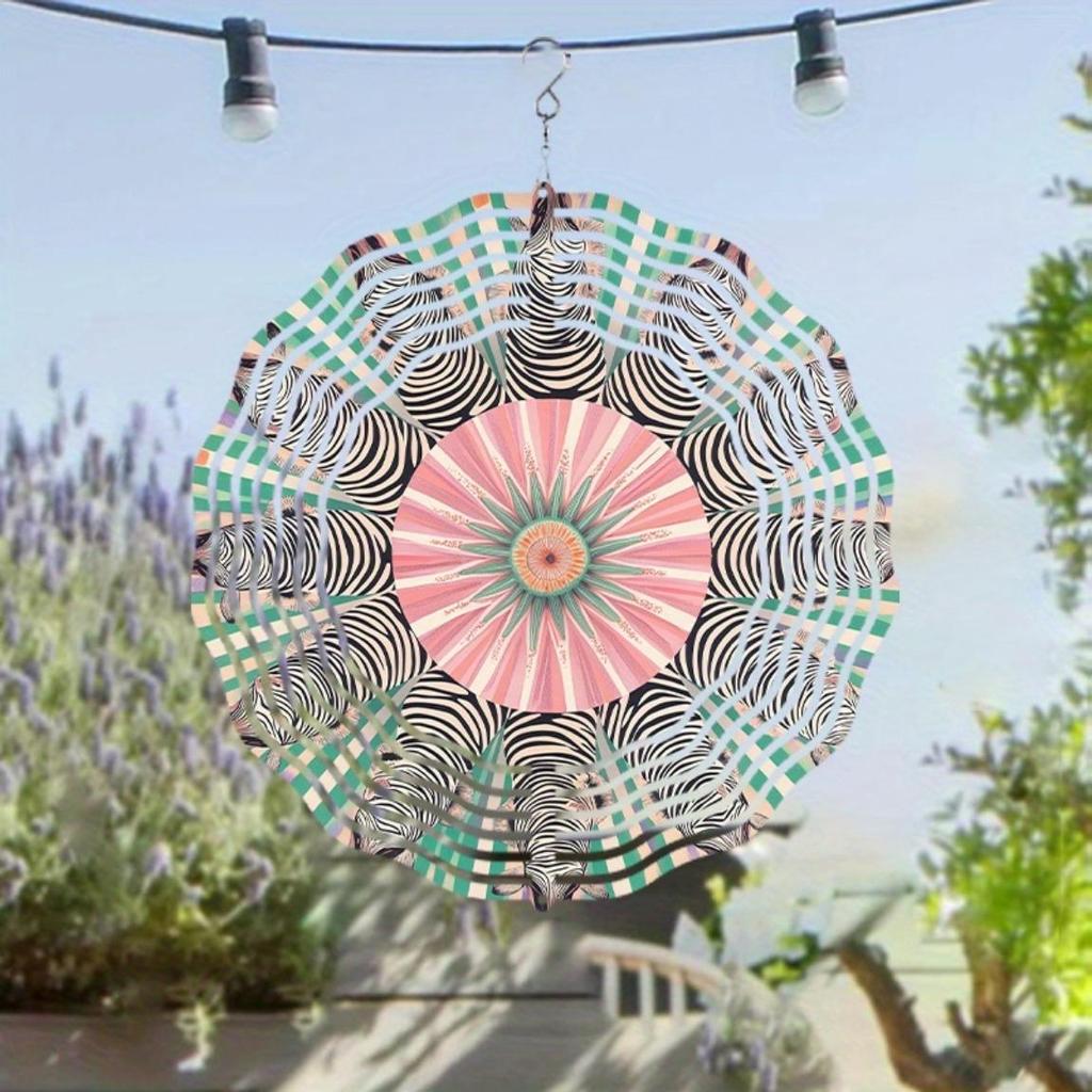 360 Degree Rotating Metal Wind Chime 10 Inch Vibrant Zebra Floral Design Perfect for Garden Balcony Yard Decor Year Round Outdoor Charm