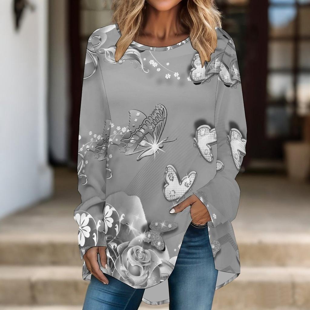 Women Long Sleeve Tunic Top Print Crew Neck Loose Fit Blouse With Pockets Casual Daily Wear Ladies Tops