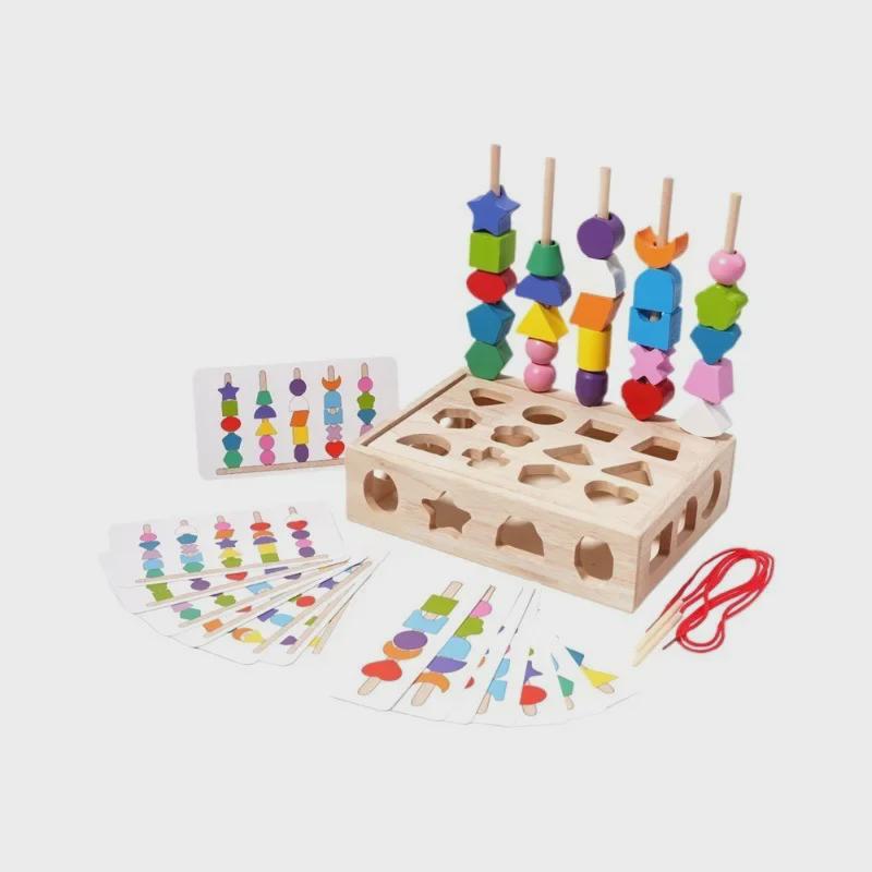 Grenzüberschreitendes kognitives Zuordnungs-Puzzle mit geometrischen Holzformen: Kinder Perlenfädeln mit Fünf-Spalten-Sets