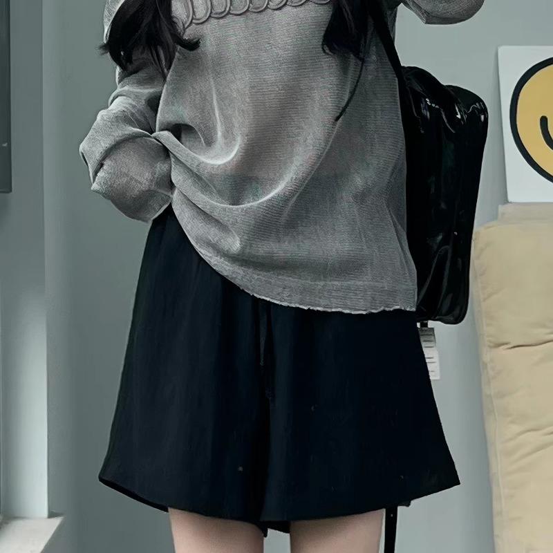 Women High Waist Drawstring Loose Solid Color Casual Summer Sports Shorts S чёрный