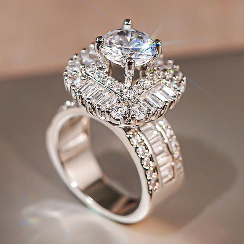 Huitan Luxury Women Ring Full Dazzling Cubic Zirconia Female Finger Trendy Wedding Anniversary Accessories Charming Jewelry Gift