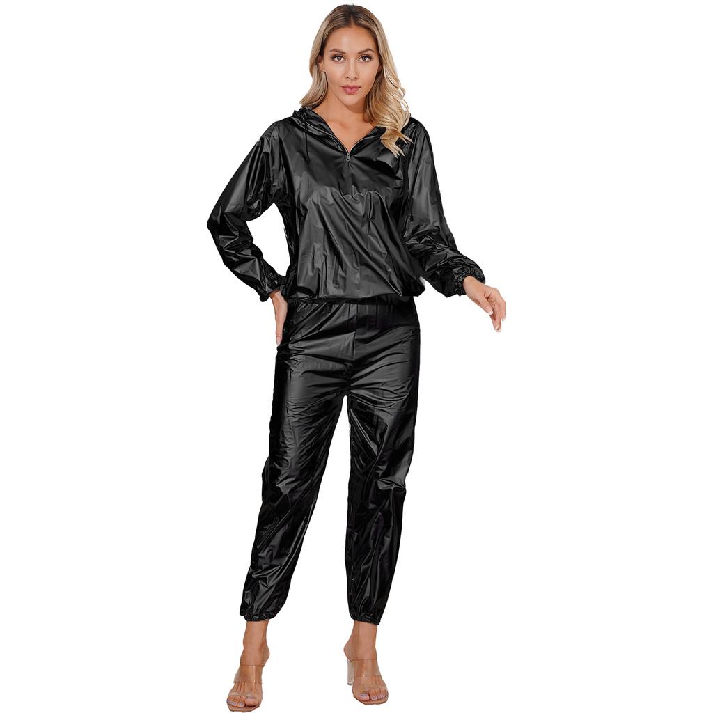 Unisex PVC Sports Suit Long Sleeve Zipper Hooded Top Elastic Waistband Pants Fitness Workout Outfits