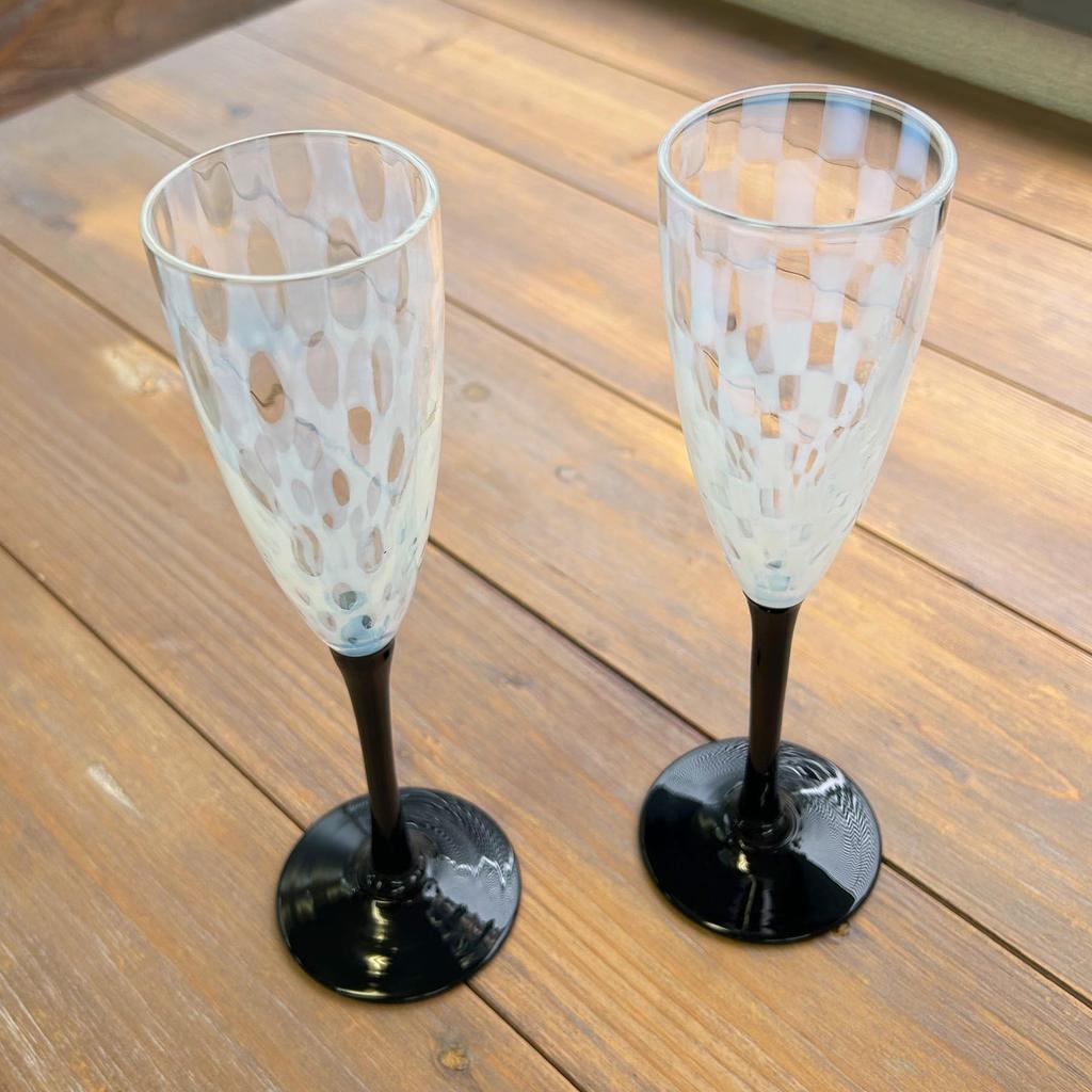 Hirota Glass [Taisho Romantic Flute Wine Glasses, Checkered & Polka Dot Design, Pair Set, 78723] Hirota Glass Modern Retro Glass Set, Pair Glasses, Gi