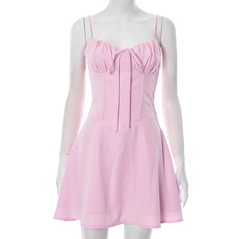 D25DS093 European & American Style Lace-up Ruched Camisole Dress