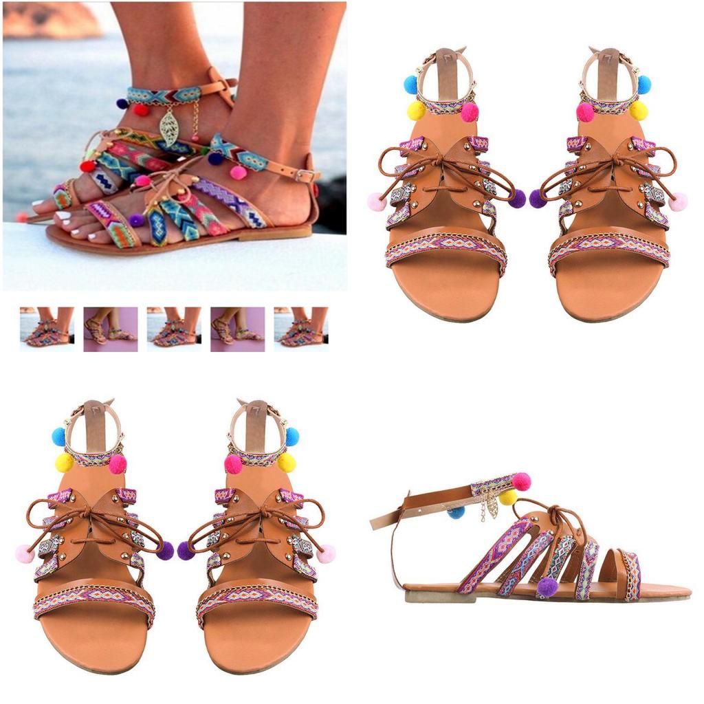 Elegantní Dámské Boho Sandály Gladiator Kožené Ploché Boty S Barevnými Pompony