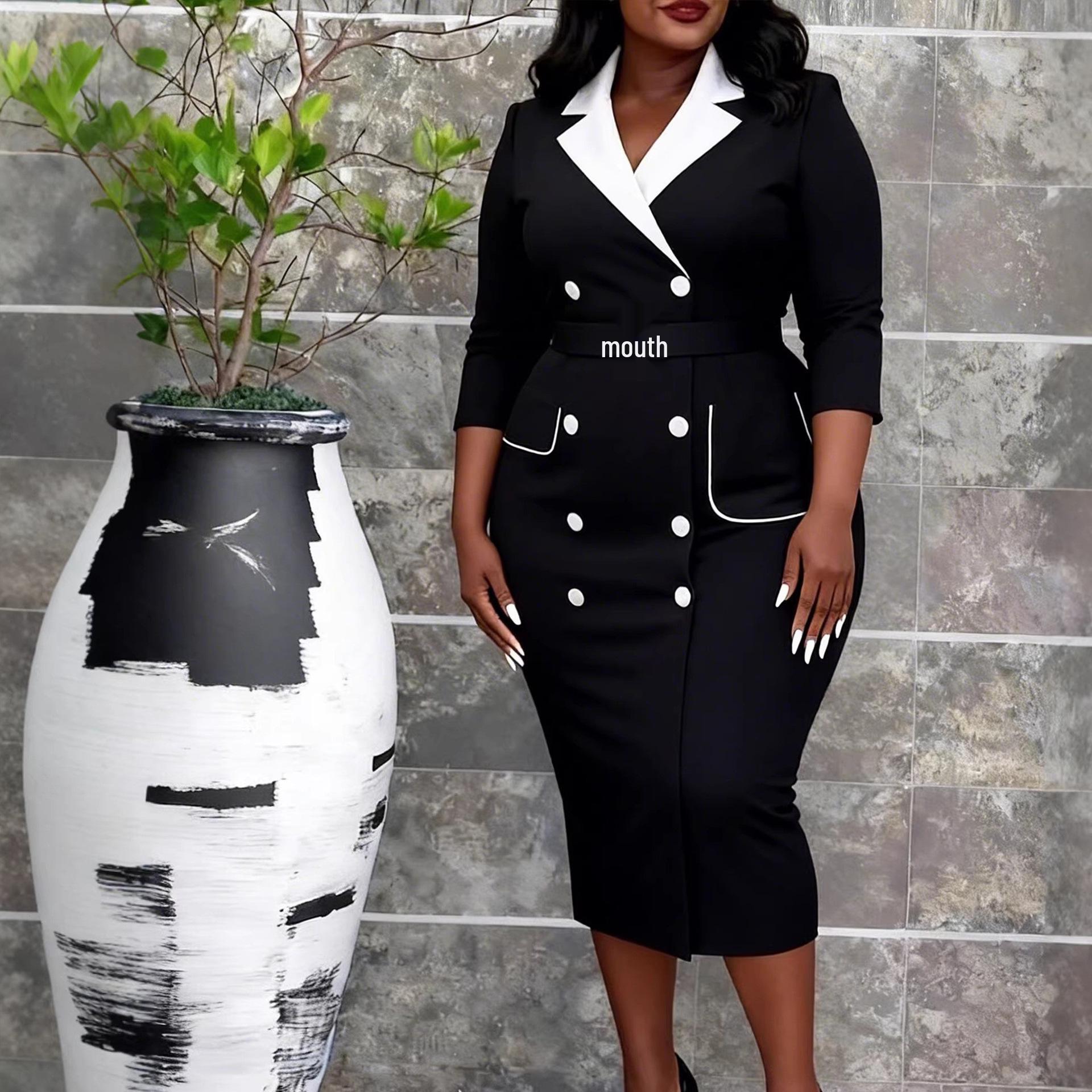 Plus Size Women s Black & White Double-Breasted Waist-Cinched Skirt Suit Dress 3XL чёрный