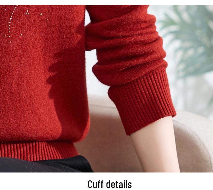 Women's Fleece Knit Top: Wood Ear Collar, Plus Velvet Warm Base Layer, Winter Inner Wear, Middle-Aged Mom's Sweater