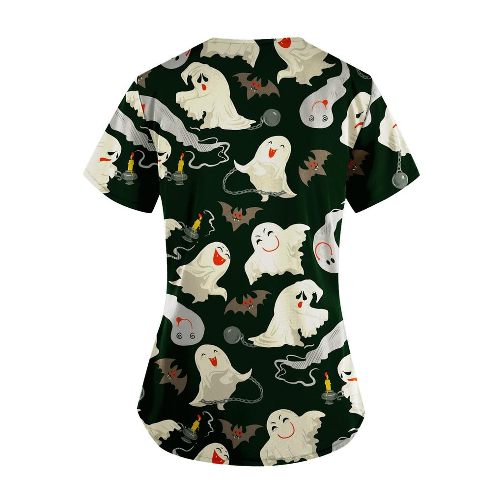 Women V Neck Short Sleeve Work Top with Pockets Halloween Print Medical Scrub Shirt for Nurses Caregivers Healthcare Professionals