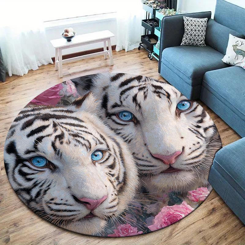 Roses and Tigers, Leopards Round Area Rug,Carpet Rug for Living Room Bedroom Sofa Playroom Decor,Non-slip Floor Mat