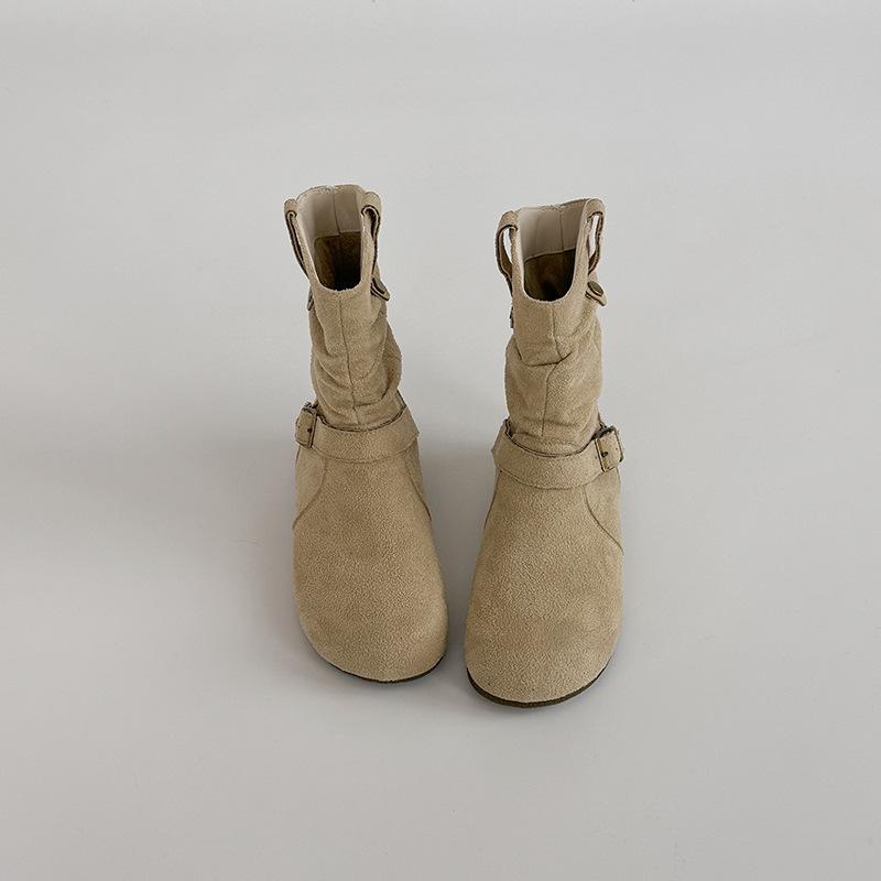 Western cowboy boots Martin boots women's shoes retro suede buckle 2025 new summer design pleated small short boots