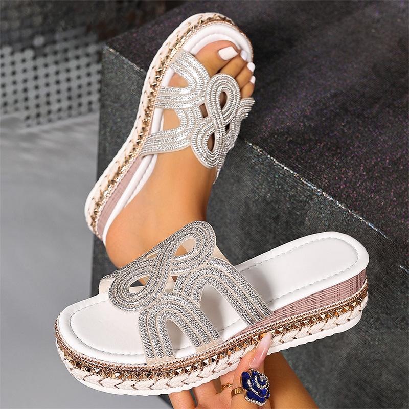 

Shiny Crystal Wedges Sandals for Women Plus Size Rivet Decor Chunky Platform Slippers 2025 Summer Thick Sole Non Slip Slippers 42 серебряный