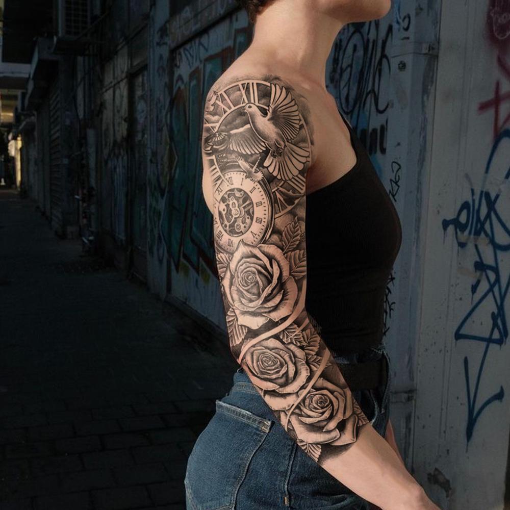 Manica Lunga Completa Impermeabile Tatuaggio Temporaneo Adesivo Orologio Fiore di Rosa Colomba Uccello Totem Finto Tatoo Body Art Uomini Donne Gamba