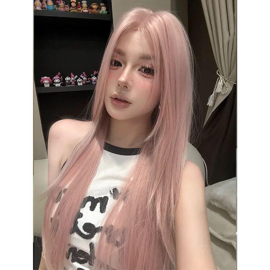 Korean Style Pink Y2K Wig: Long, Straight, Layered, Fashionable & Natural Look for Women
