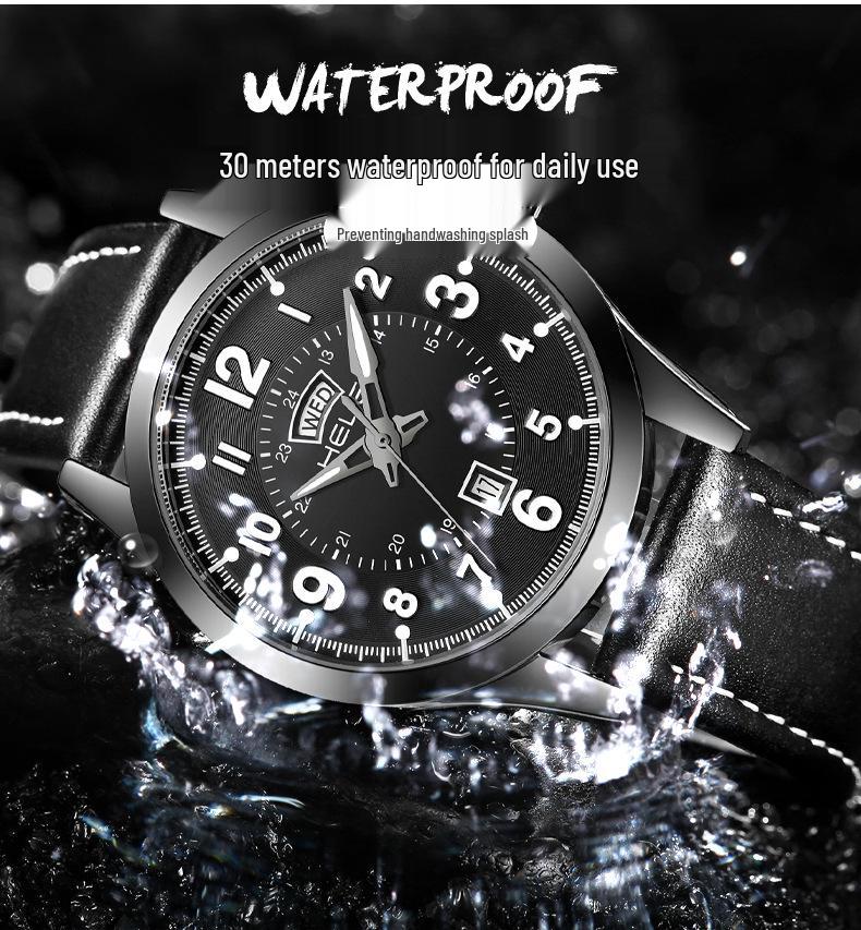 HELEI Wasserdichte Herren-Quarzuhr mit echtem Lederarmband - Modell H9019