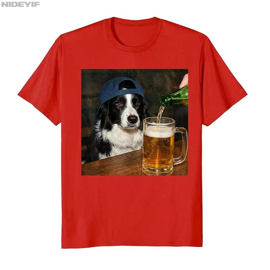 Border Collie Drinking Beer Funny Dog Meme Tshirt for Unisex Women Cotton T Shirts Short Sleeve Tops P