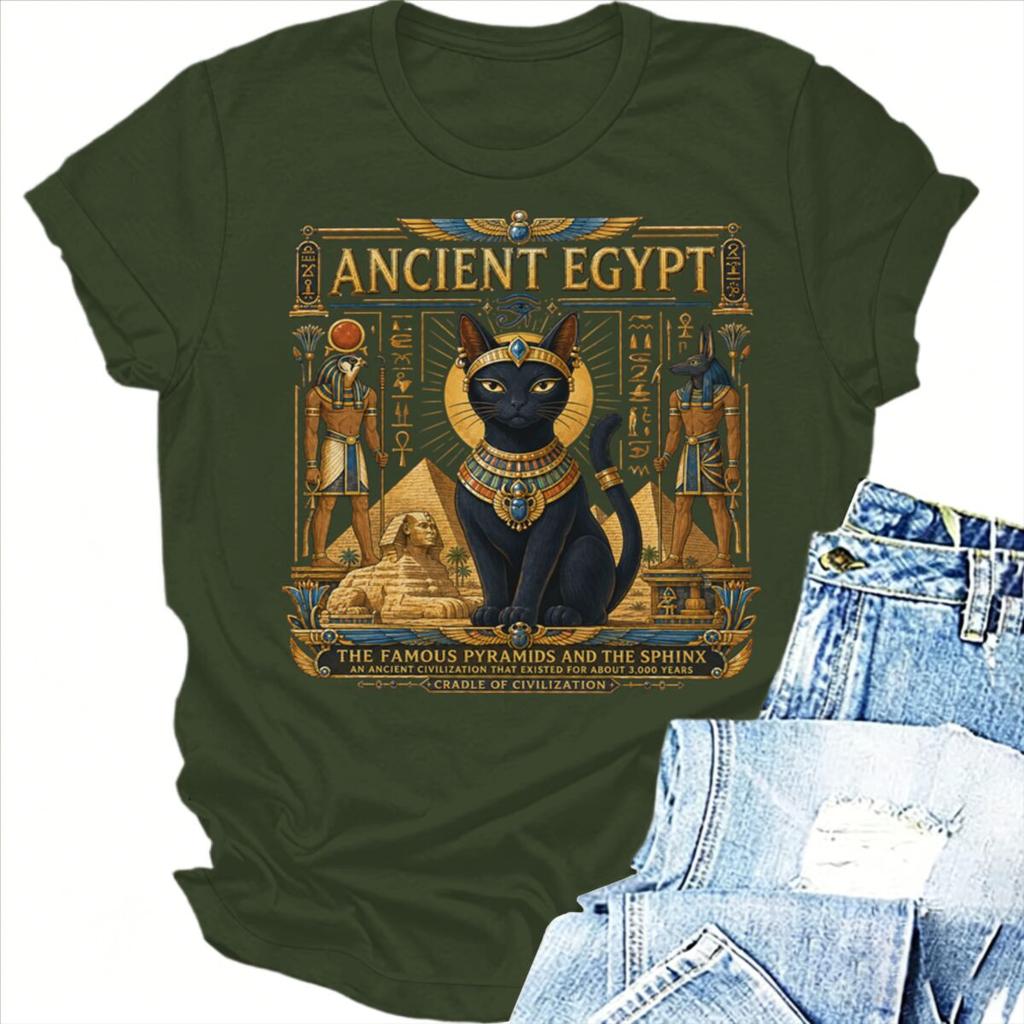 Ancient Egypt Sacred Black Cat Tshirts Unisex Unisex Vintage Myth Graphic Print Tops Short Sleeve Fashion Cat Lover Tshirts Gifts