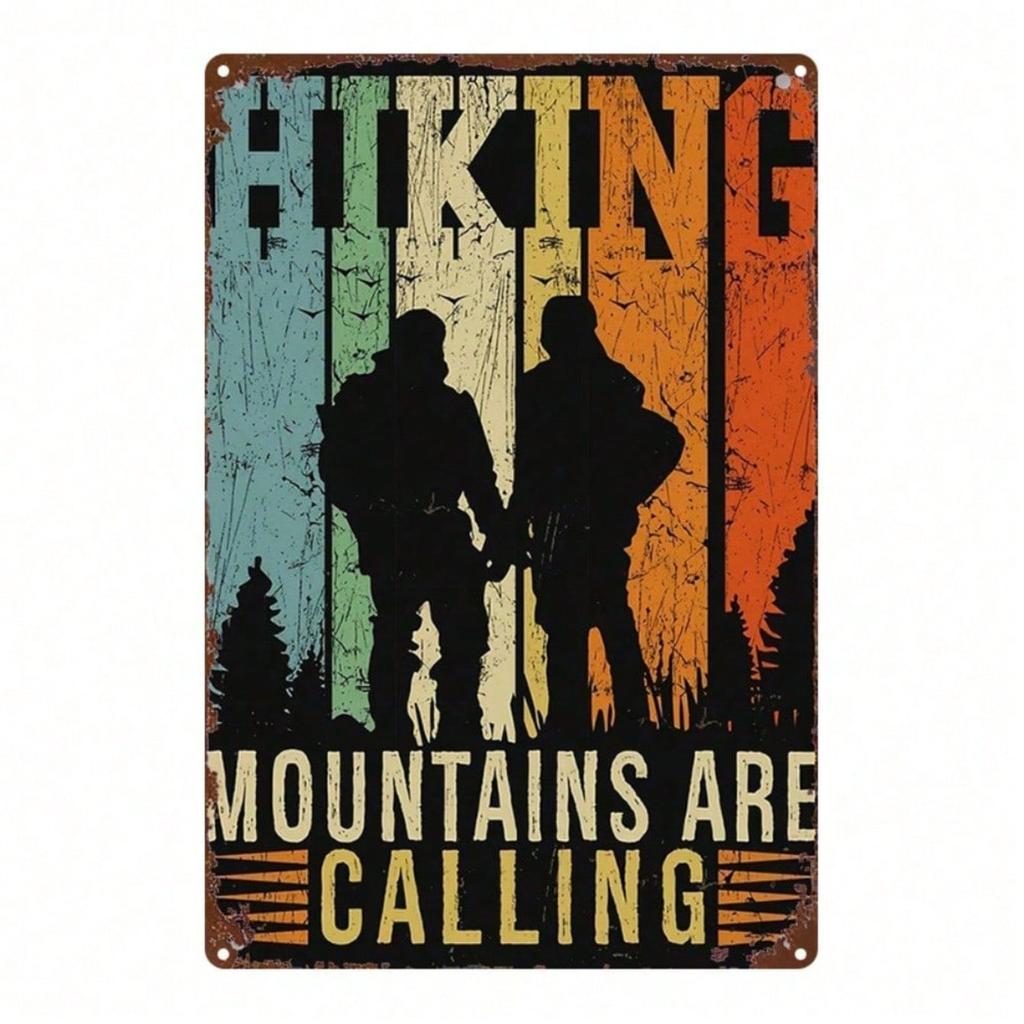 Vintage Mountains Calling Metal Wall Sign Rustic 8x12 Inch Iron Plaque Hiker Silhouette Outdoor Cabin Decor