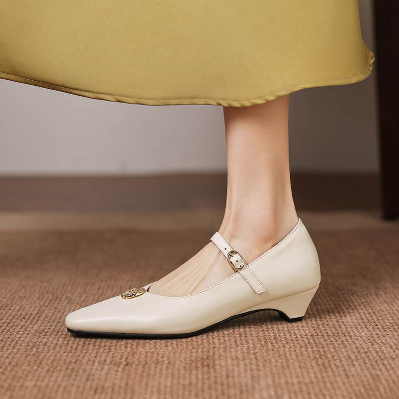 Krazing Pot Microfiber Square Toe Thick Med Heels Spring Summer Shoes Big Size 43 Metal flowers Women Shallow Pumps