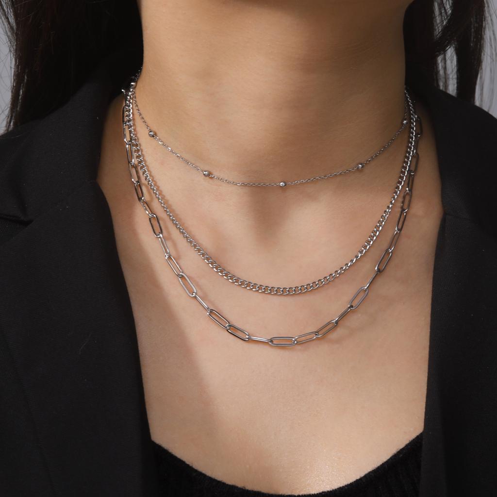 Stainless Steel Three Layers Chain Necklace For Women Heart Lock Pendant Clavicle Necklaces Hip Hop Jewelry Gift