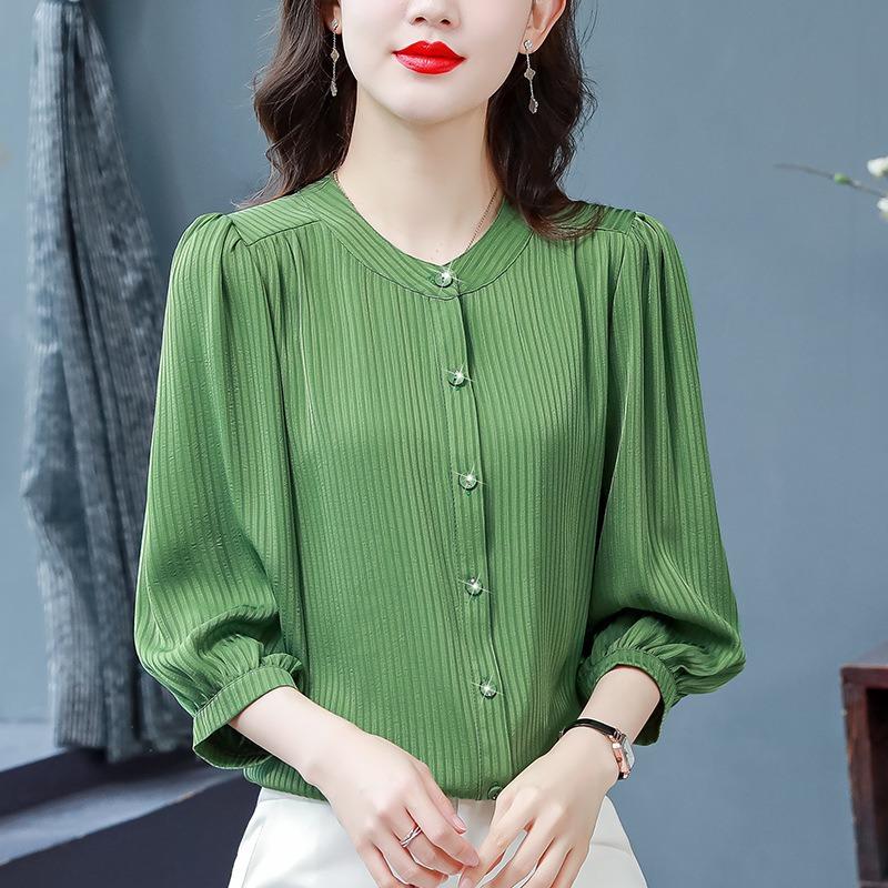 

Рубашка в полоску со стоячим воротником, женский топ со средними рукавами, свободные рукава-фонарики, рукава семь четвертей, закрывающие живот, рубашка больших размеров, блузки и рубашки 3XL зелёный