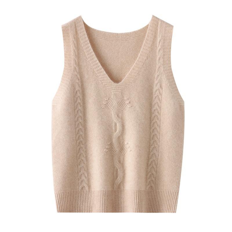 Solid V Neck Cable Knit Vest, Casual Sleeveless Sweater For Spring & Fall, Women's Clothing