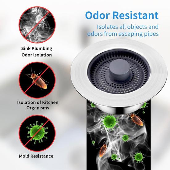 Stainless Steel Kitchen Sink Filter 3-in-1 Design Odor Blocking Anti-Clog Universal Fit