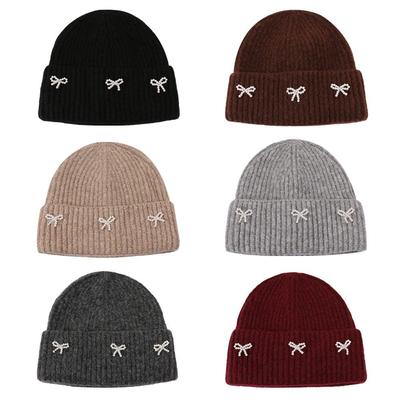 Winter Pearl Bow Knitted Hat Soft Cute Slouchy Bonnet Casual Solid Color Warm Hats for Women