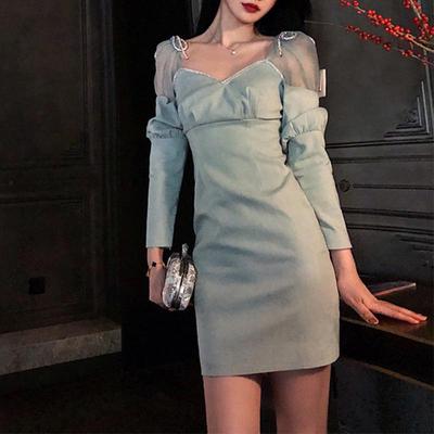2021 Autumn Light Blue Long-Sleeved Bow Diamond Party Dress