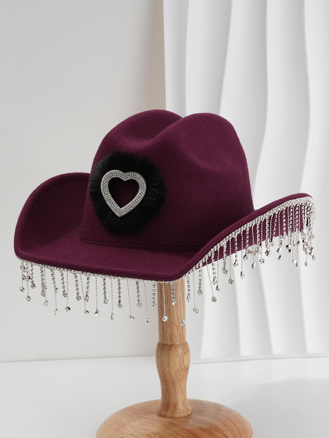 

Rhinestone Western cowgirl hat metal chain solid cowboy hat heart accessories music festival dance hat curved eaves light hat Adult 56-58CM