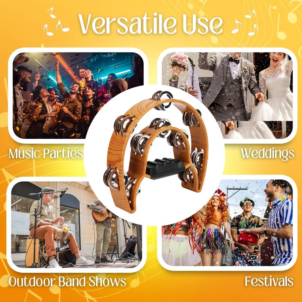 Tamburină ergonomică cu două rânduri de clopoței, galben ghimbir - Instrument muzical versatil cu clopoței metalici, Ideal pentru nunți, evenimente în aer liber, festivaluri