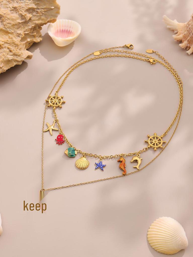 Oumayka Ocean Vacation Style Drip Oil Starfish, Seashell & Seahorse Stainless Steel Necklace